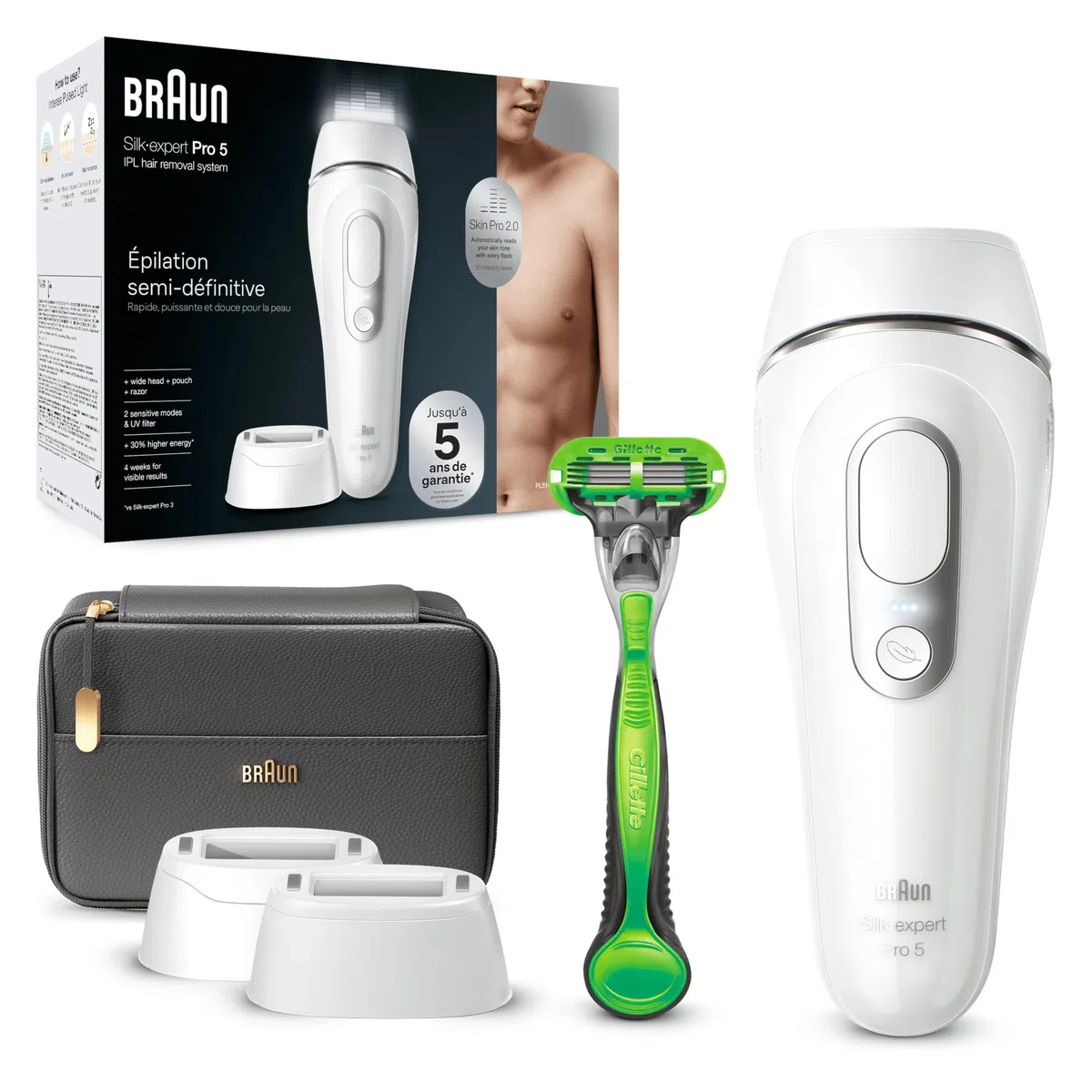 Braun Silk·expert Pro 5 PL5145 - épilateur à lumière pulsée, épilation semi-définitive à la maison, Blanc/Argent, Avec Pochette, Tête Large Et Rasoir Gillette Body