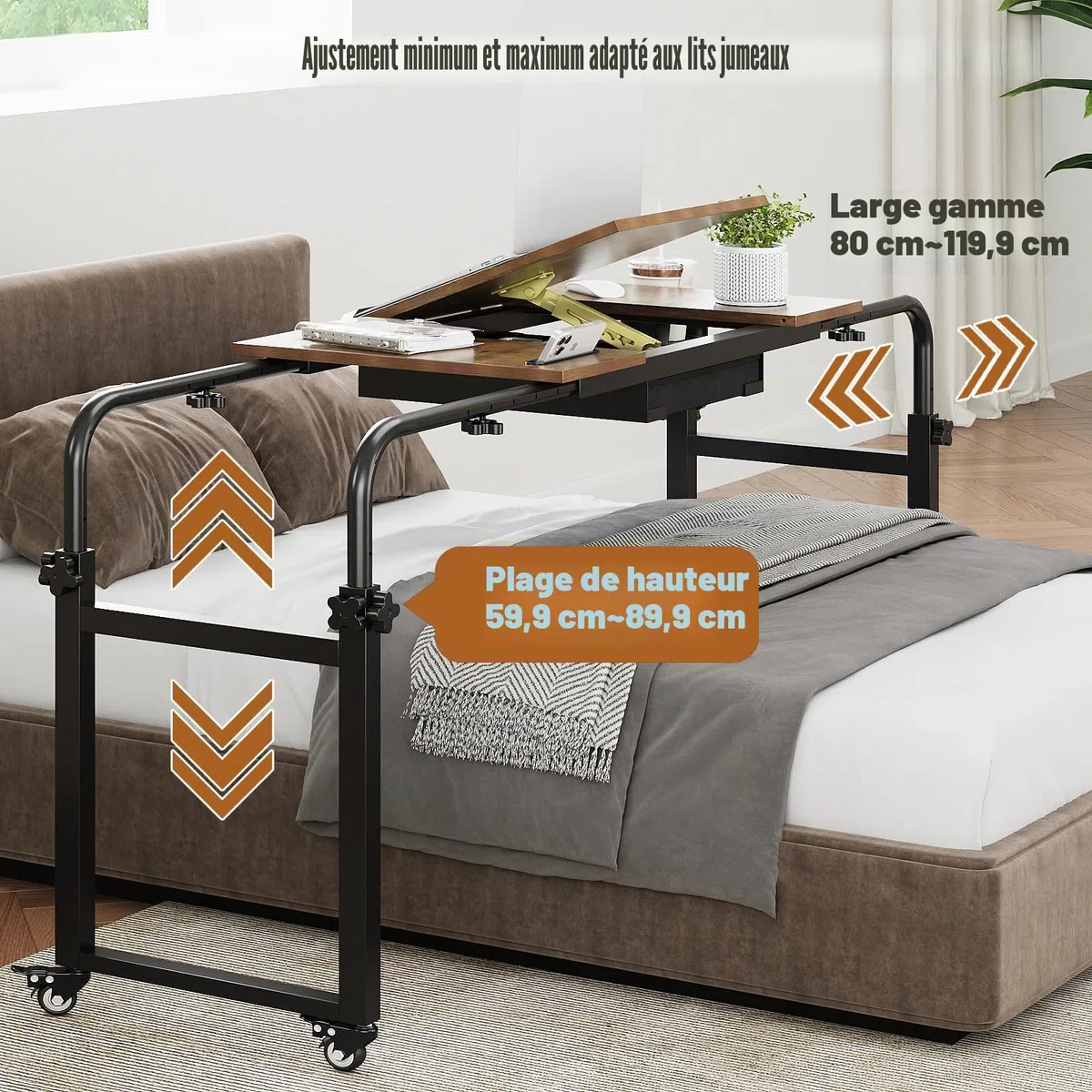 VEDECASA Table de lit sur roulettes réglable en hauteur pour hôpital et maison - Mobile et stable avec plateau pour ordinateur portable, nourriture ou livres (marron)
