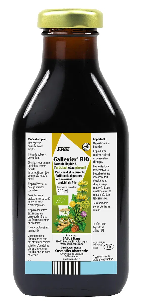 Salus Gallexier Bio - Complément Alimentaire Liquide à Base de Pissenlit et d'Artichaut et 12 Extraits Végétaux - Facilite la Digestion et le Bon Fonctionnement du Foie et de l'Estomac - 250 ml