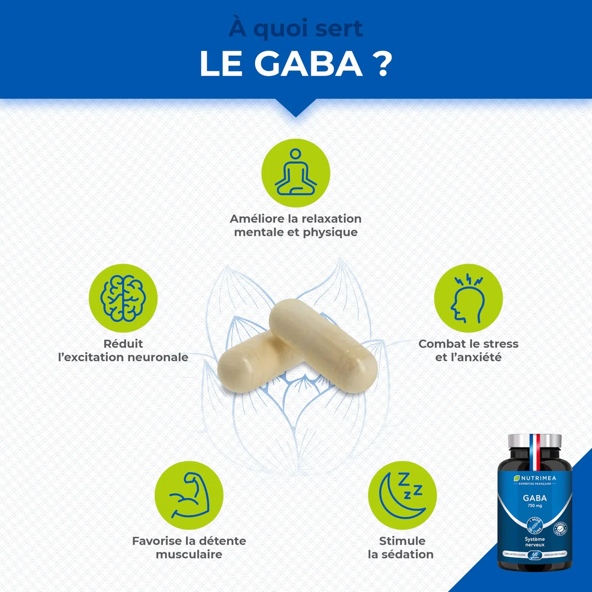 GABA 750 mg/j Sans Excipient | Anti Stress & Anxiété, Calme et Sérénité, Sommeil Réparateur | 60 gélules vegan | Fabrication Française | Nutrimea