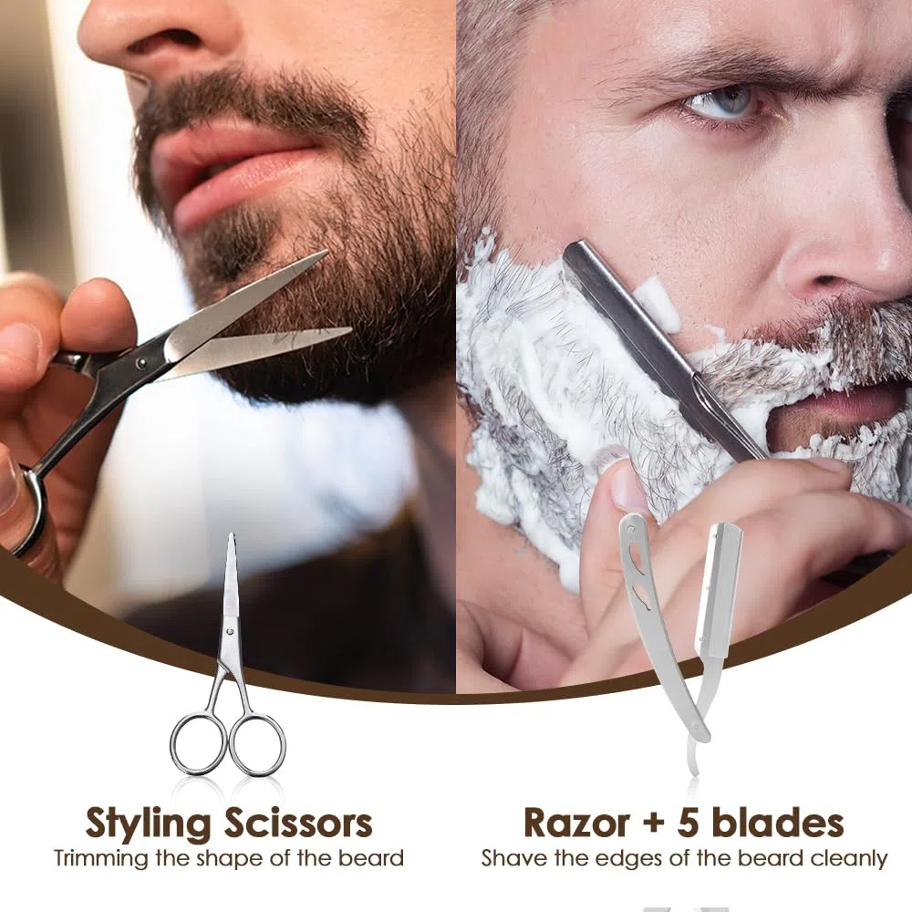 Kit Barbe Homme 10pcs - Bledras Kit de Soin Barbe Homme Complet-Shampoing, Huile Barbe, Baume, Rasoir Coupe Choux, Ciseaux, Peigne, Brosse, Pochoir, Sac - Coffret Cadeaux Hommes Original Cadeau Noël