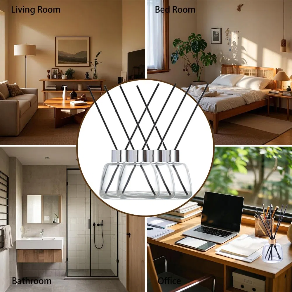Kaxich Lot de 4 Diffuseur en verre avec 100 Diffuseur Batonnets, 100ML Diffuser Jars, Flacons Diffuseurs Vides en Verre pour Chambre à coucher, Salle de bains, Bureau, Cadeaux pour filles et femmes