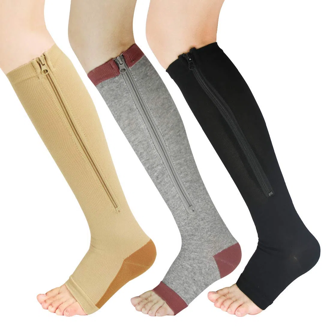 YUSHOW 3 Paires Chaussettes de Contention Femme Zip Fermeture Eclair à Bout Ouvert Socks pour Oedeme Bas de Contention Chaussette Hautes Mi-mollet