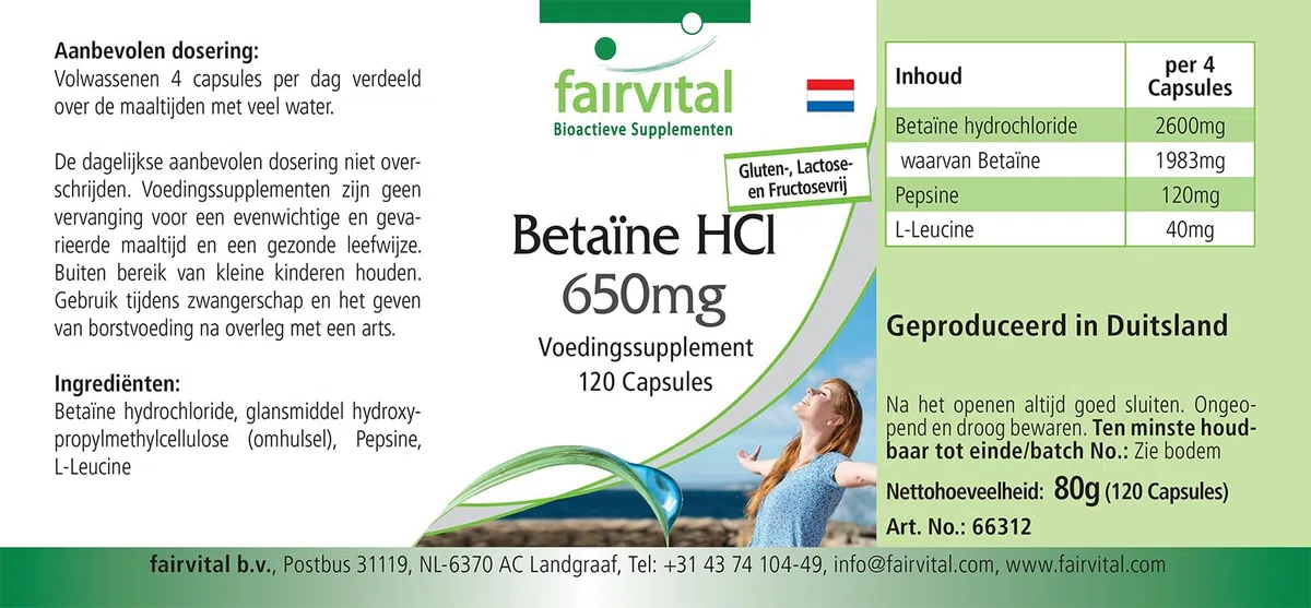 fairvital Bétaïne HCl 650mg, 120 gélules, gélules de chlorhydrate de bétaïne, avec pepsine, HAUTEMENT DOSÉ