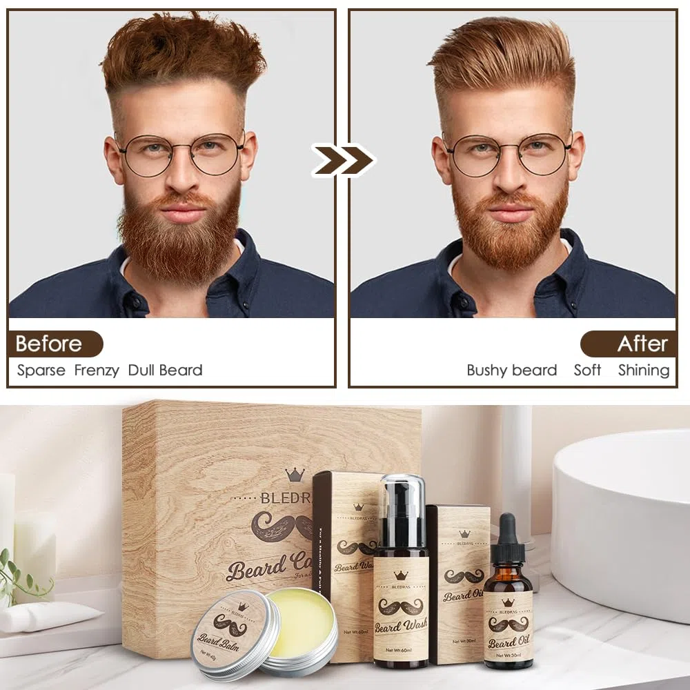 Kit Barbe Homme 10pcs - Bledras Kit de Soin Barbe Homme Complet-Shampoing, Huile Barbe, Baume, Rasoir Coupe Choux, Ciseaux, Peigne, Brosse, Pochoir, Sac - Coffret Cadeaux Hommes Original Cadeau Noël