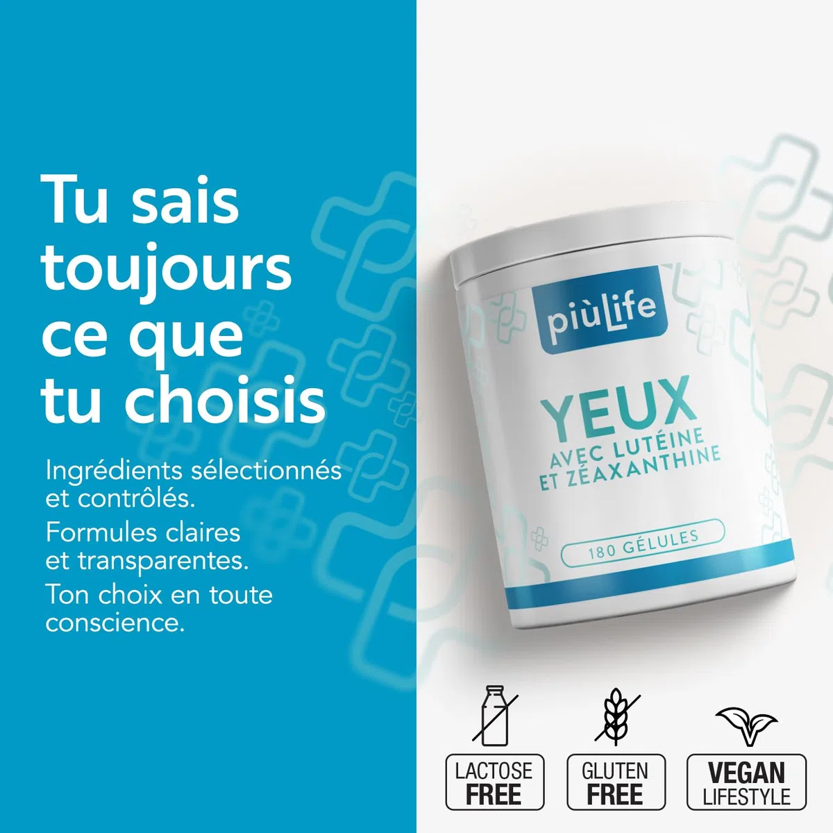 Luteine Zeaxanthine PiùLife - 180 Gélules | 1 par jour, Avec OPC de Pin Maritime, Acide Hyaluronique, Vitamine Pour Les Yeux A, E, B2 et Zinc, Sans Gluten, Sans Lactose