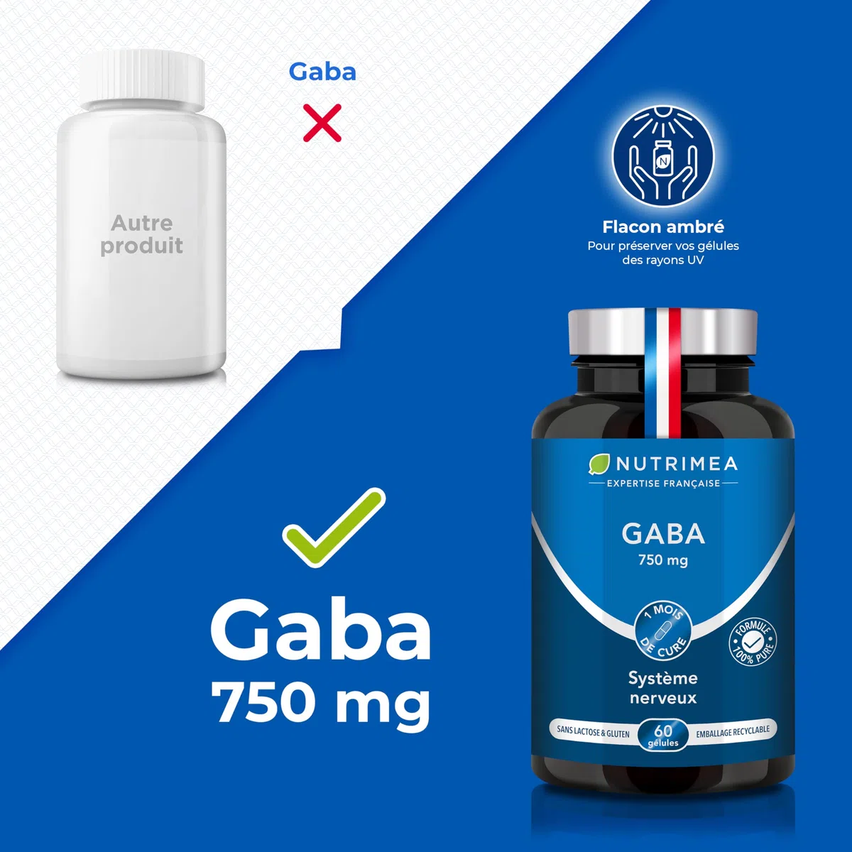GABA 750 mg/j Sans Excipient | Anti Stress & Anxiété, Calme et Sérénité, Sommeil Réparateur | 60 gélules vegan | Fabrication Française | Nutrimea