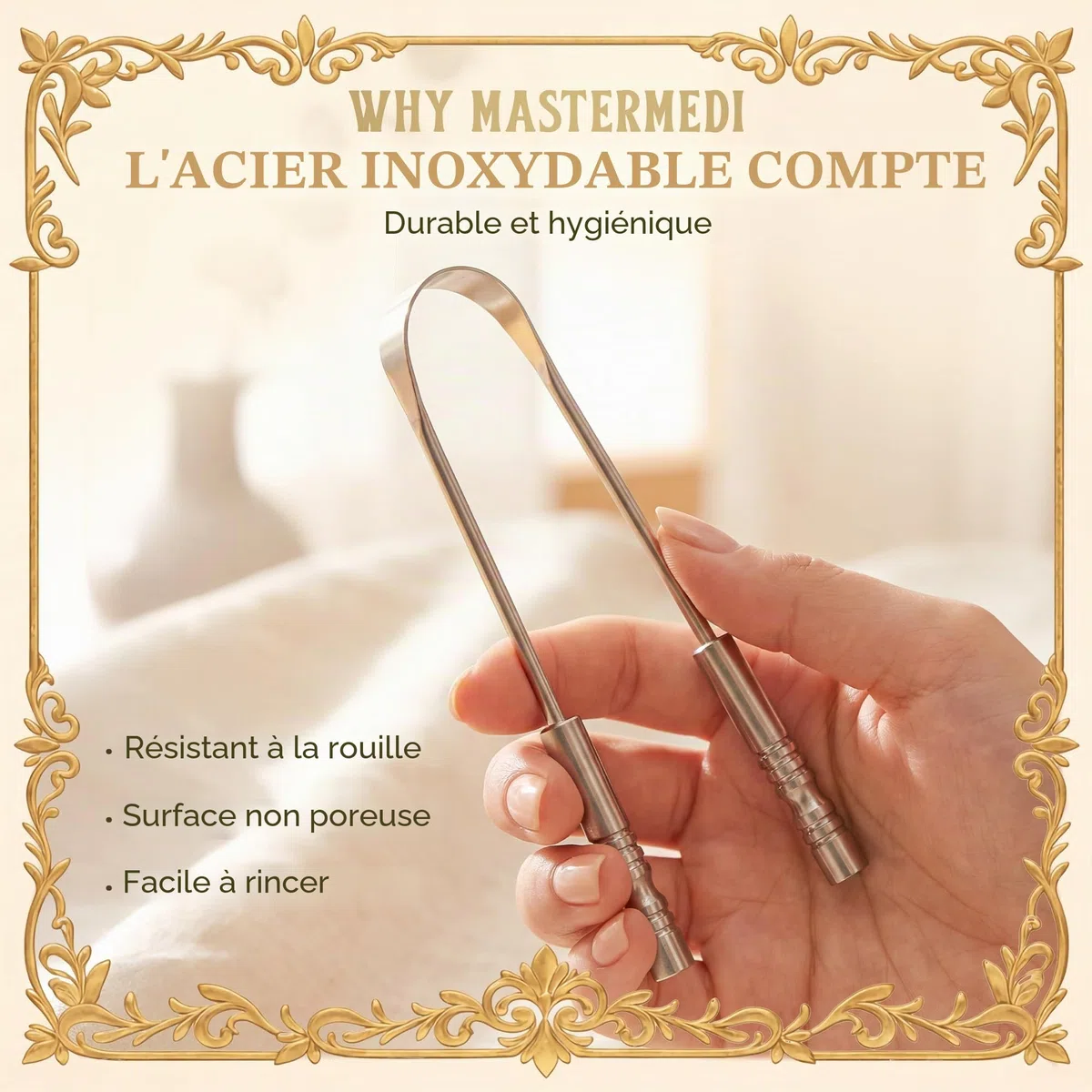 MasterMedi langue grattoir avec étui voyage - 2 pack, combats la mauvaise haleine, de qualité médicale 100% en acier inoxydable, idéal pour soins bucco-dentaires, nettoyeur de langue