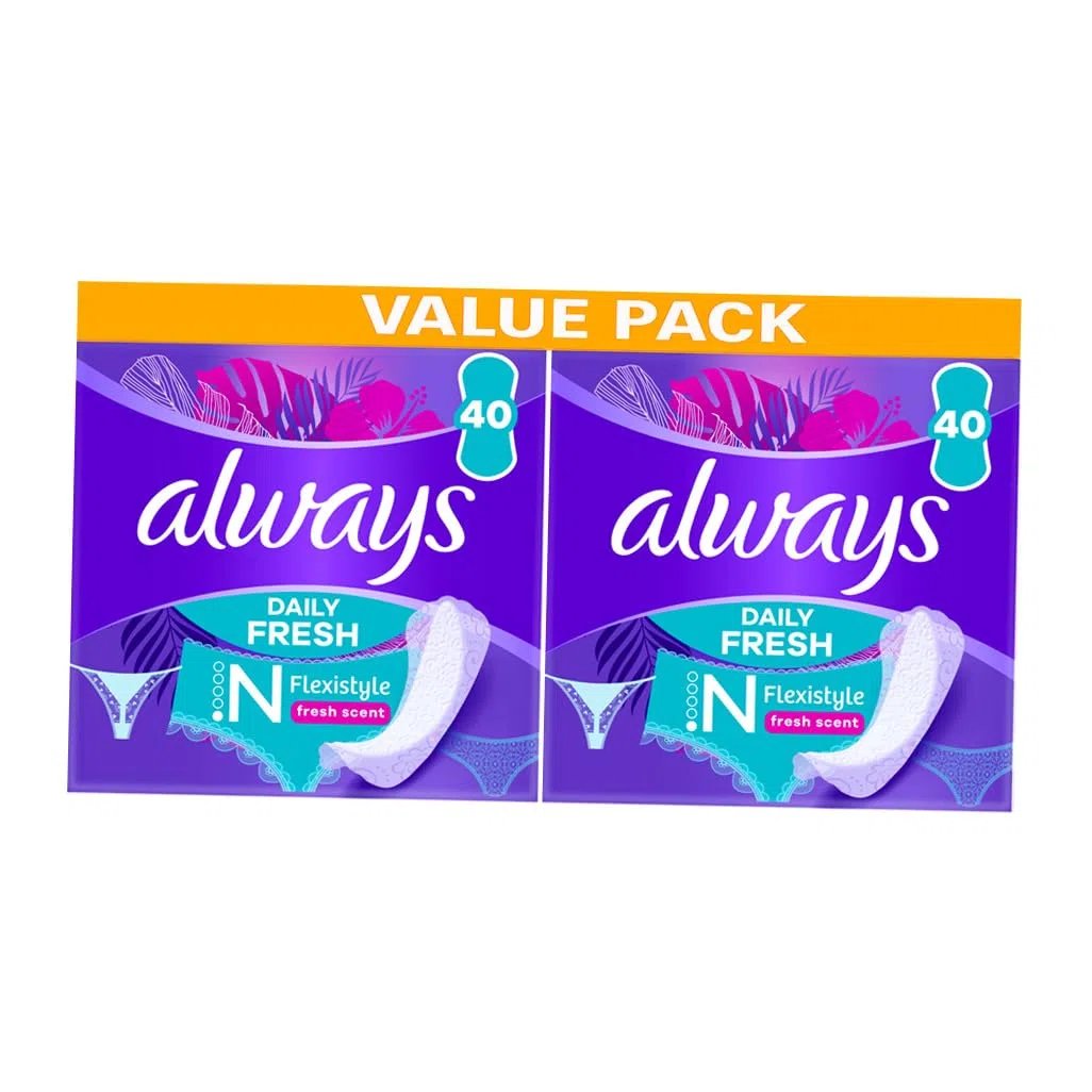 Always Daily Fresh Slim Flexistyle Lot de 80 protège-slips (2 paquets de 40) respirants, flexibles, confortables, protection quotidienne, design fin, s'adapte à tous les styles de sous-vêtements