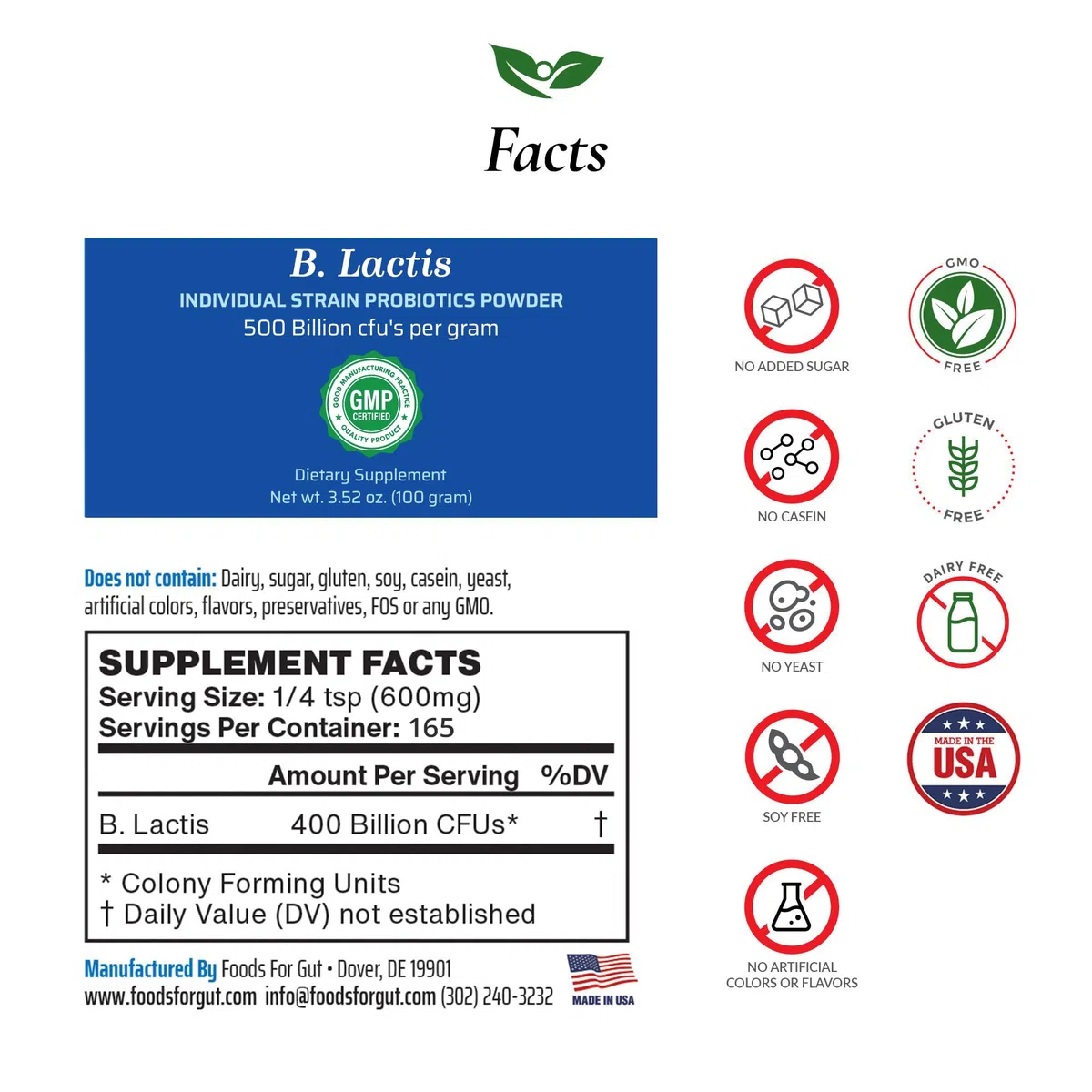 Foods For Gut Bifidobacterium Lactis Probiotic Powder 500 Billion cfu's | Made in USA | No Additives | Digestive & Immune Support | High Potency | B. Lactis | (100 Grams)