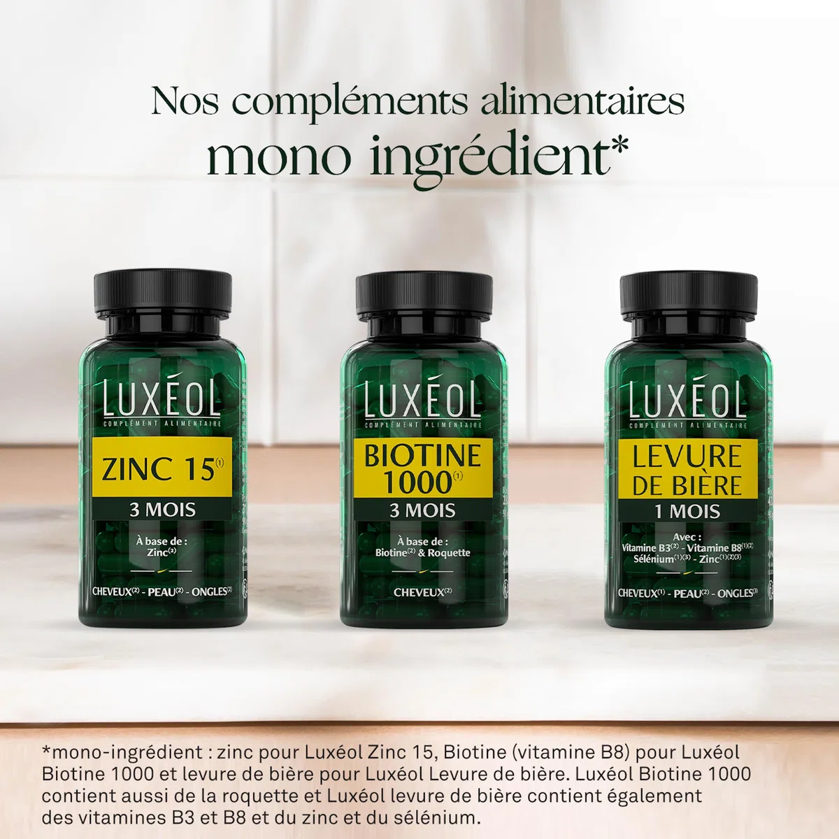 Luxéol – Biotine 1000 μg (1) – Favorise la Pousse des Cheveux (roquette)(2) – Made in France – Complément Alimentaire – 90 Gélules – 28,6 g