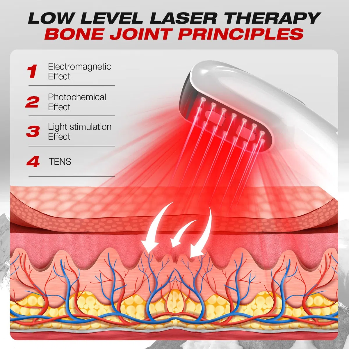 TENS+Lumière rouge pulsée basse fréquence,livré avec des sangles (4*808nm&12*650nm),améliore la circulation sanguine, anti-inflammatoire et analgésique,soulage les douleurs musculaires et articulaires