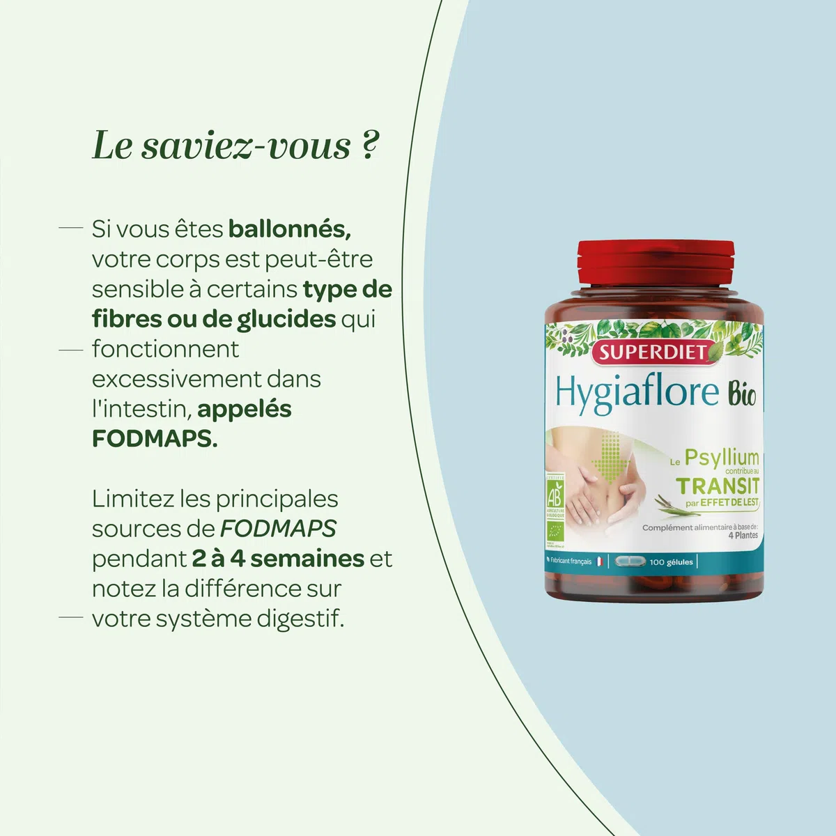 SUPERDIET - HYGIAFLORE PSYLLIUM BIO – Transit – Phytothérapie – Fabrication Française – 100 gélules