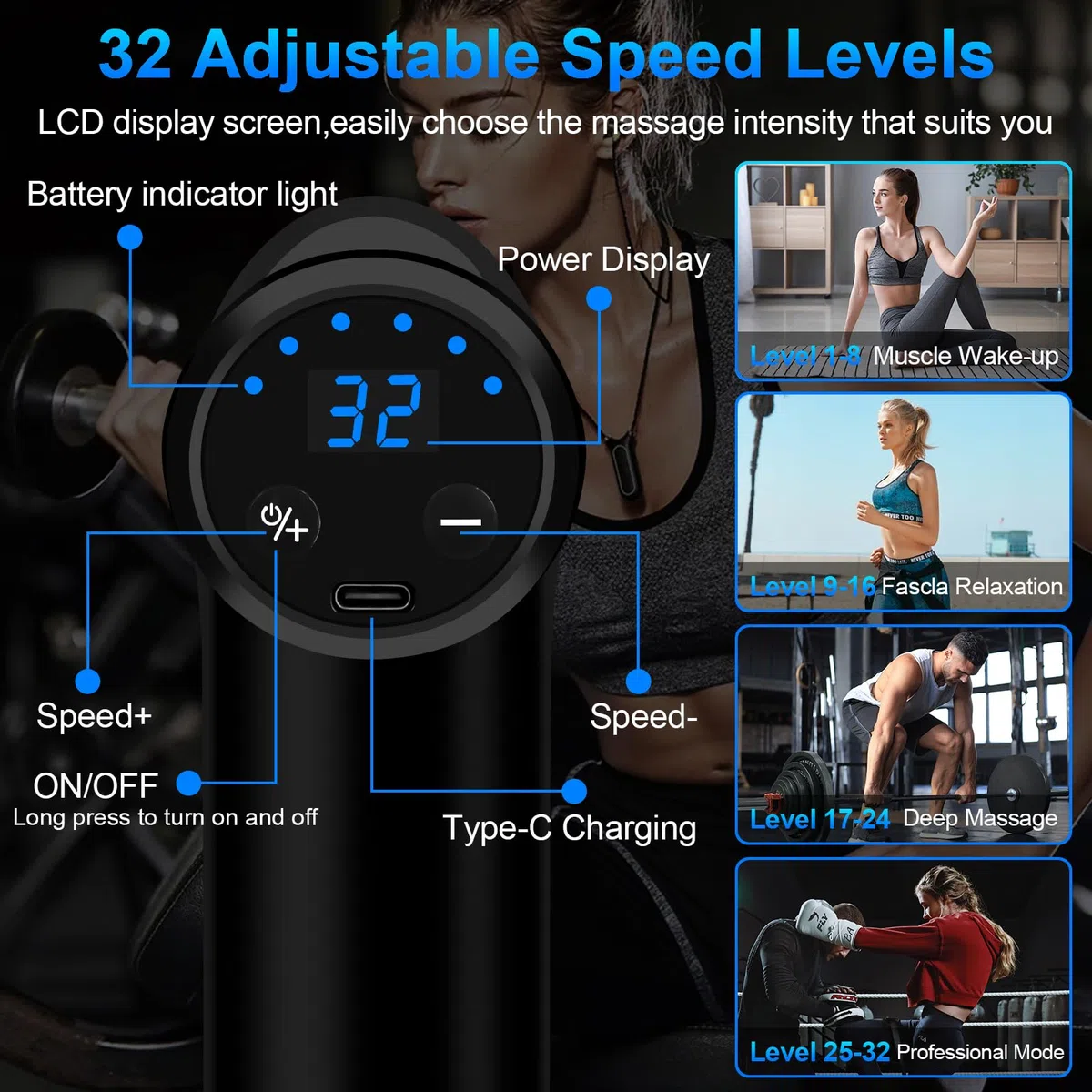 Pistolet de Massage Musculaire, Mini Massage Gun avec 32 Niveaux Réglables 3500 RPM et 6 Têtes de et l'Écran LCD, Léger et Portable, pour Soulager Douleurs et Raideurs Musculaires