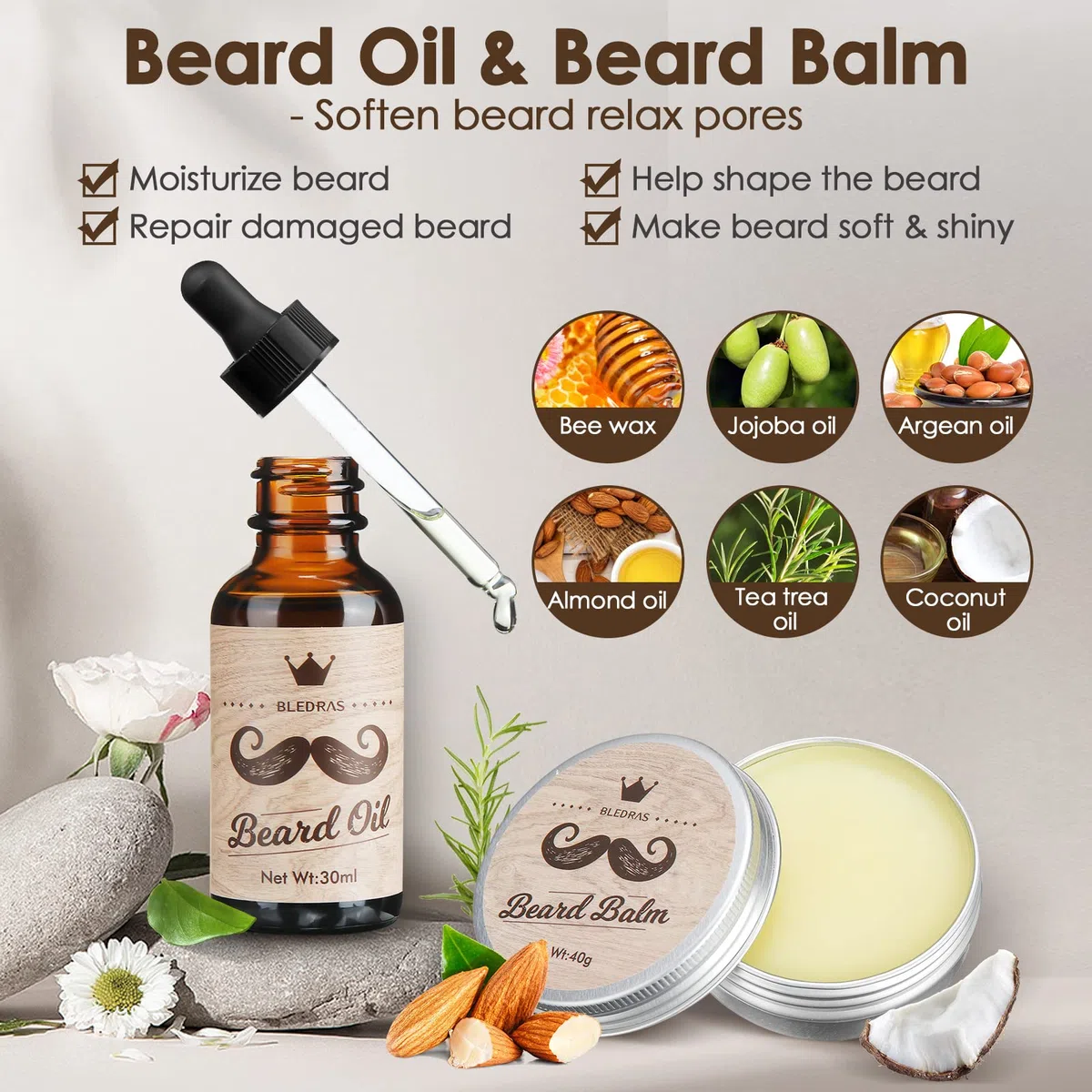 Kit Barbe Homme 10pcs - Bledras Kit de Soin Barbe Homme Complet-Shampoing, Huile Barbe, Baume, Rasoir Coupe Choux, Ciseaux, Peigne, Brosse, Pochoir, Sac - Coffret Cadeaux Hommes Original Cadeau Noël