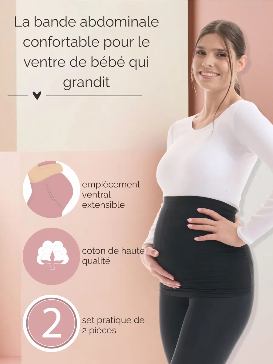Herzmutter Bandes de Ventre de maternité - Bandeau de Grossesse - Lot de 2 Bandes Abdominales - Ceinture de Grossesse - Bandeau pour Femmes Enceintes - Extension de T-Shirt - 6000