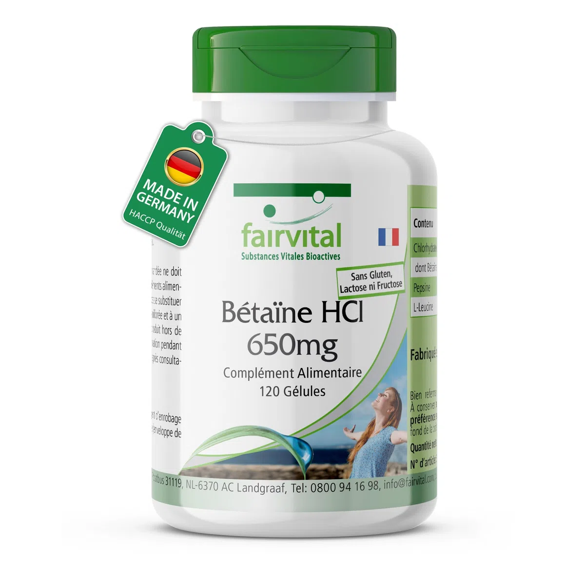 fairvital Bétaïne HCl 650mg, 120 gélules, gélules de chlorhydrate de bétaïne, avec pepsine, HAUTEMENT DOSÉ