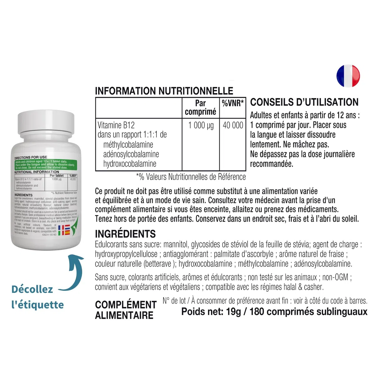 Igennus Complexe De Vitamine B12 Sublinguale À Haute Absorption 1000 Mcg, 180 Doses, Sans Sucre Saveur Fraise, Méthylcobalamine, Adénosylcobalamine Et Hydroxocobalamine, Vegan