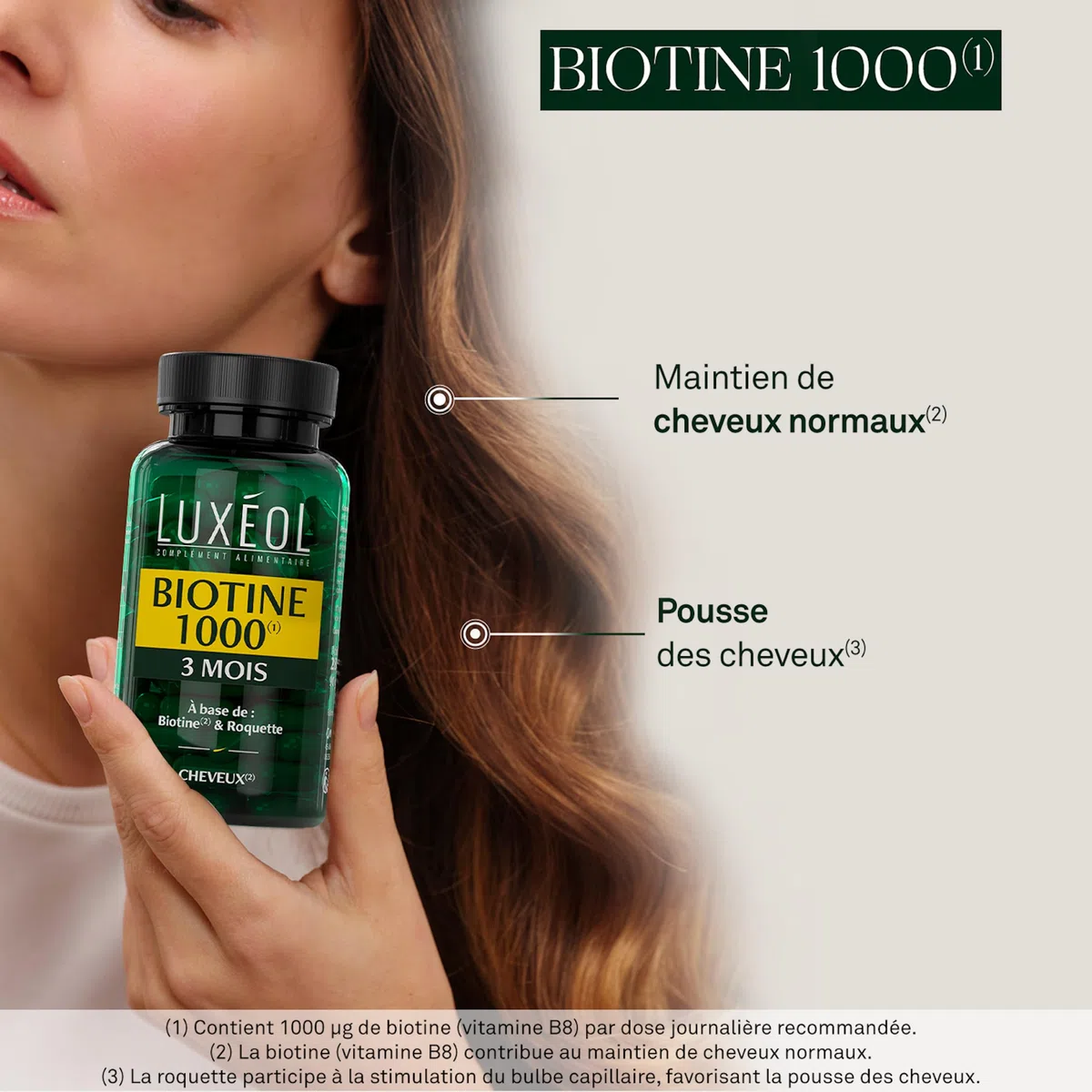 Luxéol – Biotine 1000 μg (1) – Favorise la Pousse des Cheveux (roquette)(2) – Made in France – Complément Alimentaire – 90 Gélules – 28,6 g