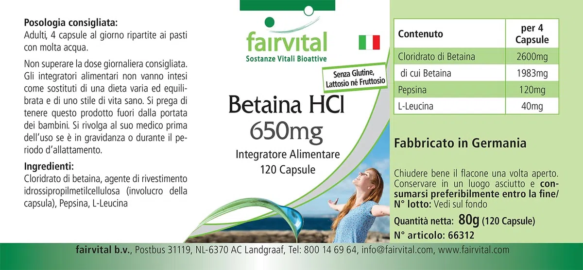 fairvital Bétaïne HCl 650mg, 120 gélules, gélules de chlorhydrate de bétaïne, avec pepsine, HAUTEMENT DOSÉ