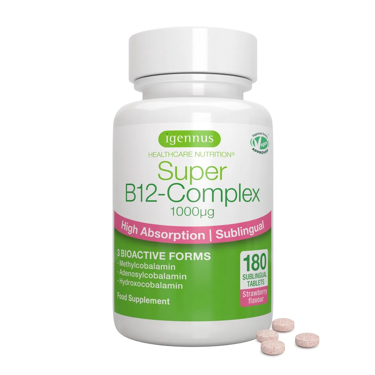 Igennus Complexe De Vitamine B12 Sublinguale À Haute Absorption 1000 Mcg, 180 Doses, Sans Sucre Saveur Fraise, Méthylcobalamine, Adénosylcobalamine Et Hydroxocobalamine, Vegan