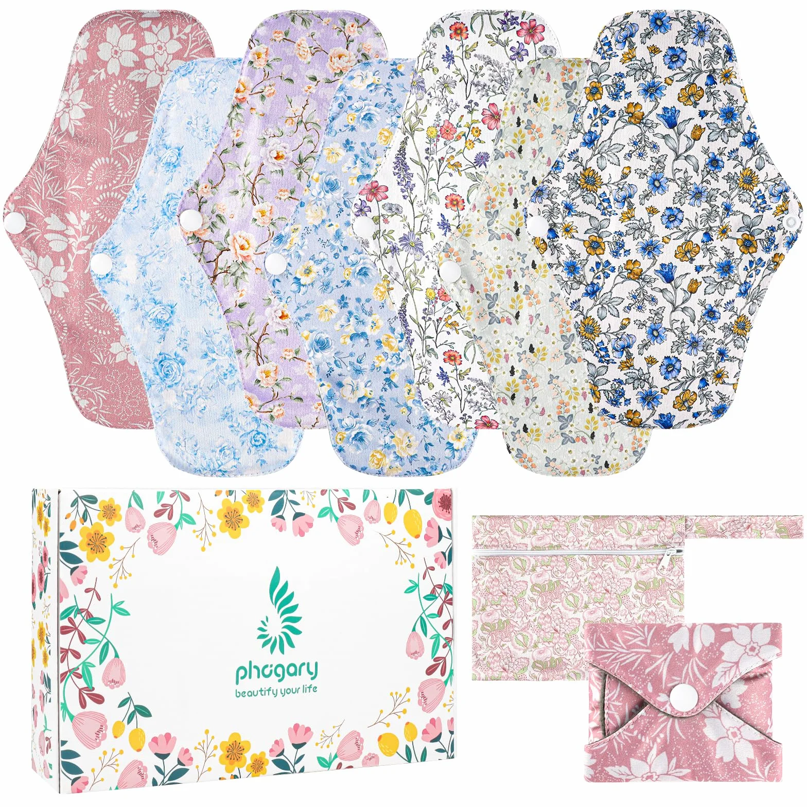 PHOGARY Serviettes Hygièniques Réutilisables et lavables en Bambou,Protège-slips lavables pour la nuit pour les règles, 7 Pièces