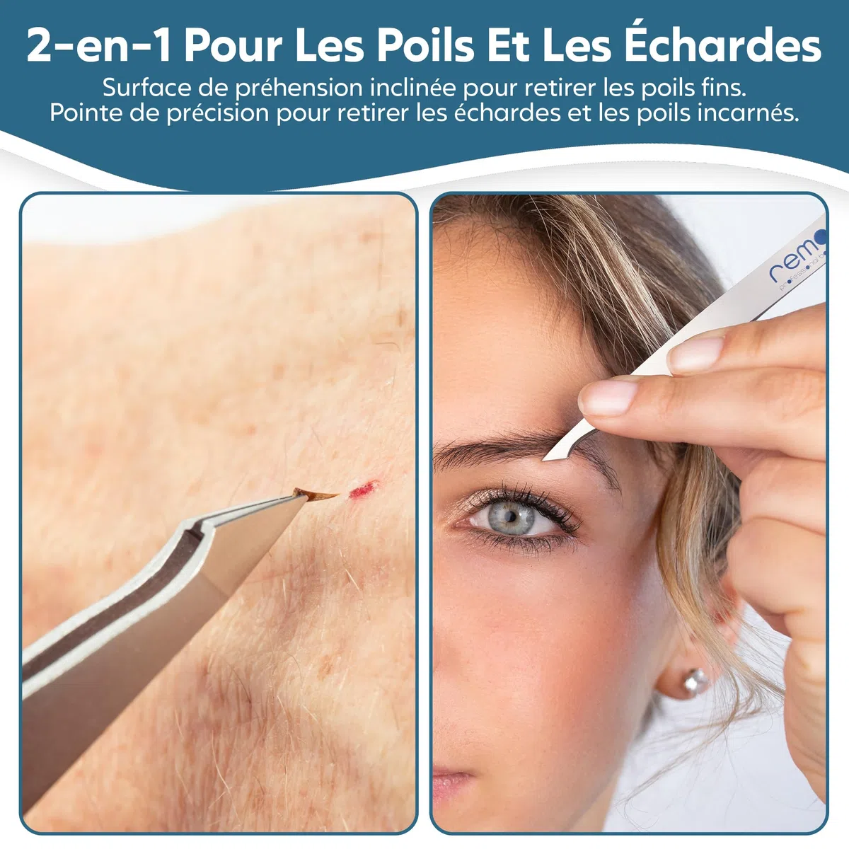 REMOS Pincette combinée [INOX] 9.5 cm - 2 en 1 pour échardes & cheveux - Satin