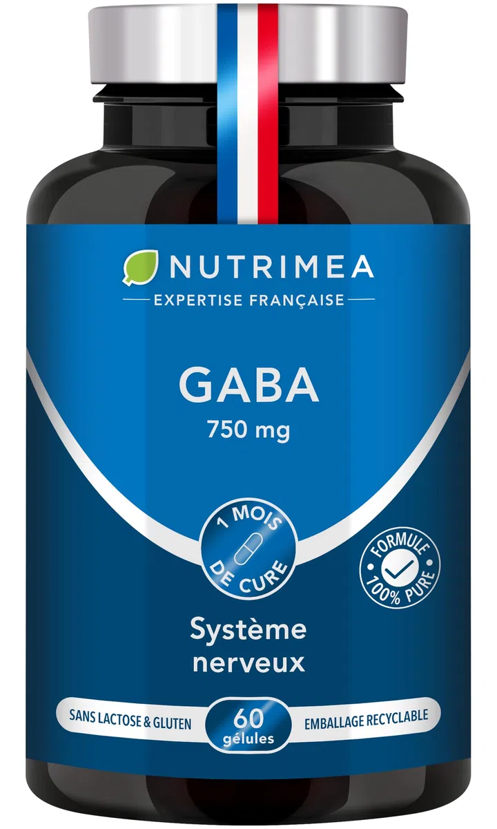 GABA 750 mg/j Sans Excipient | Anti Stress & Anxiété, Calme et Sérénité, Sommeil Réparateur | 60 gélules vegan | Fabrication Française | Nutrimea
