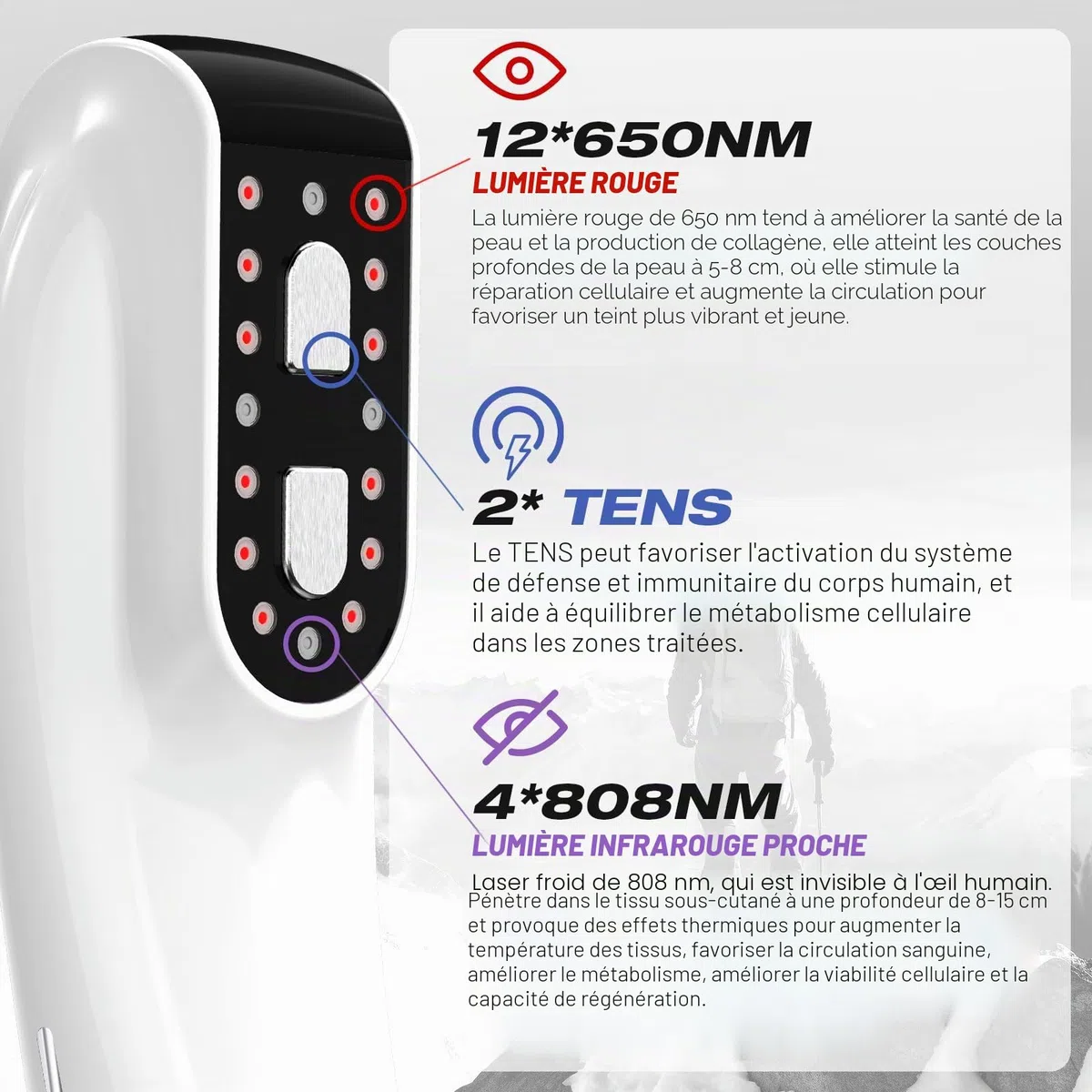 TENS+Lumière rouge pulsée basse fréquence,livré avec des sangles (4*808nm&12*650nm),améliore la circulation sanguine, anti-inflammatoire et analgésique,soulage les douleurs musculaires et articulaires