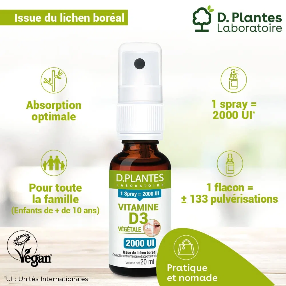 D plantes D.PLANTES - Vitamine D3 2000 UI - Complément Alimentaire en Spray - Immunité, Ossature Normale - Boost en Vit. - Origine Végétale - Vegan - 20 ml